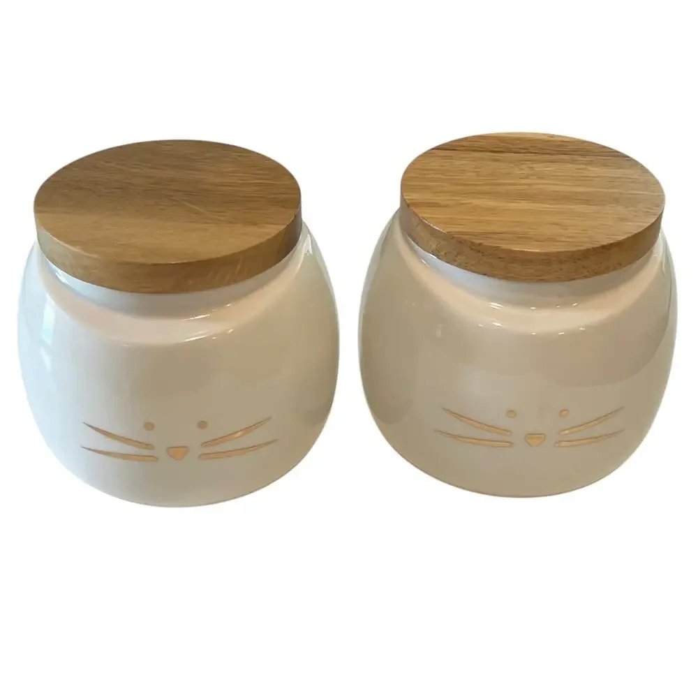Set of 2 Ceramic Cat Treat Jars Bamboo Lids White Gold Whiskers Pet Canisters